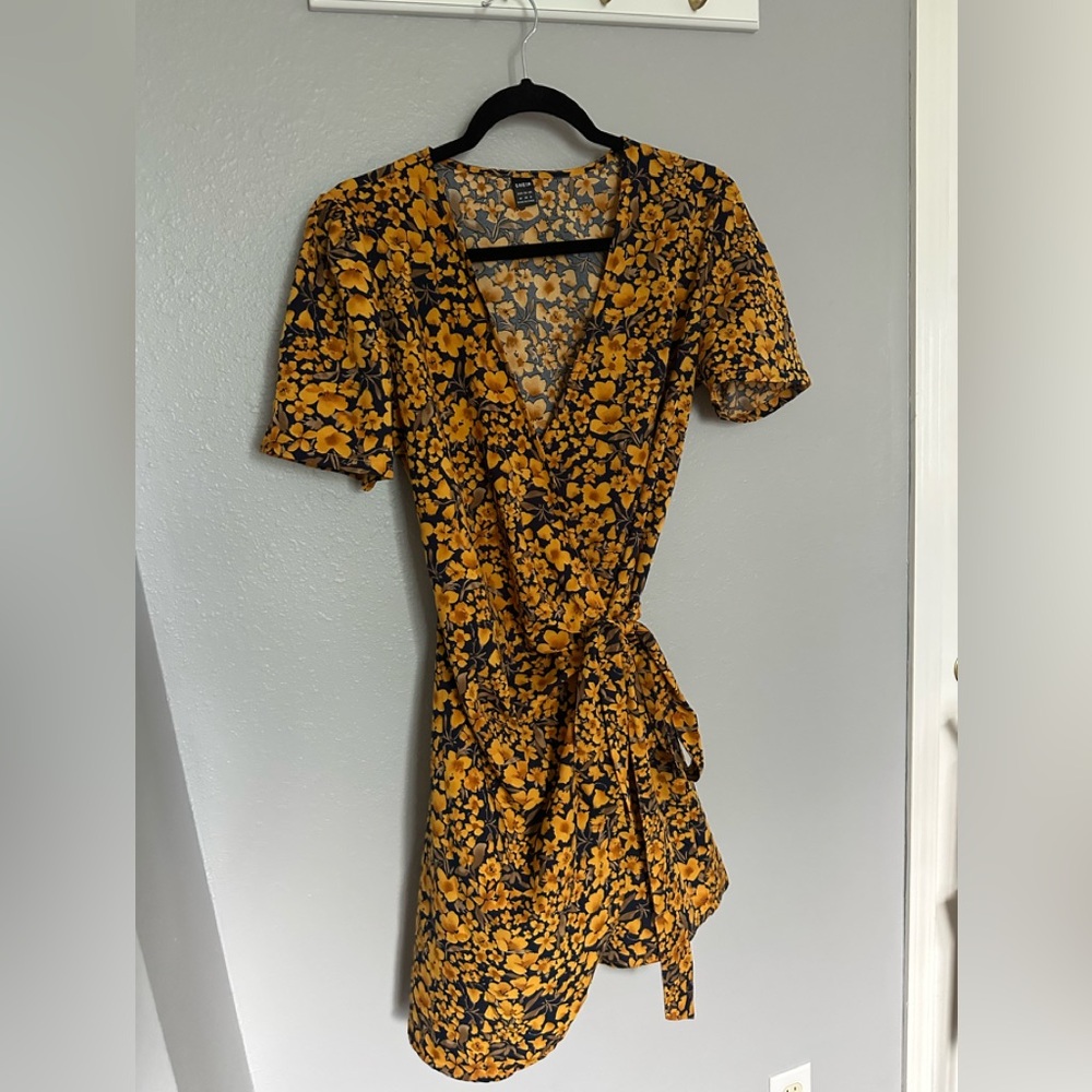 SHEIN Yellow Floral Wrap Mini Dress